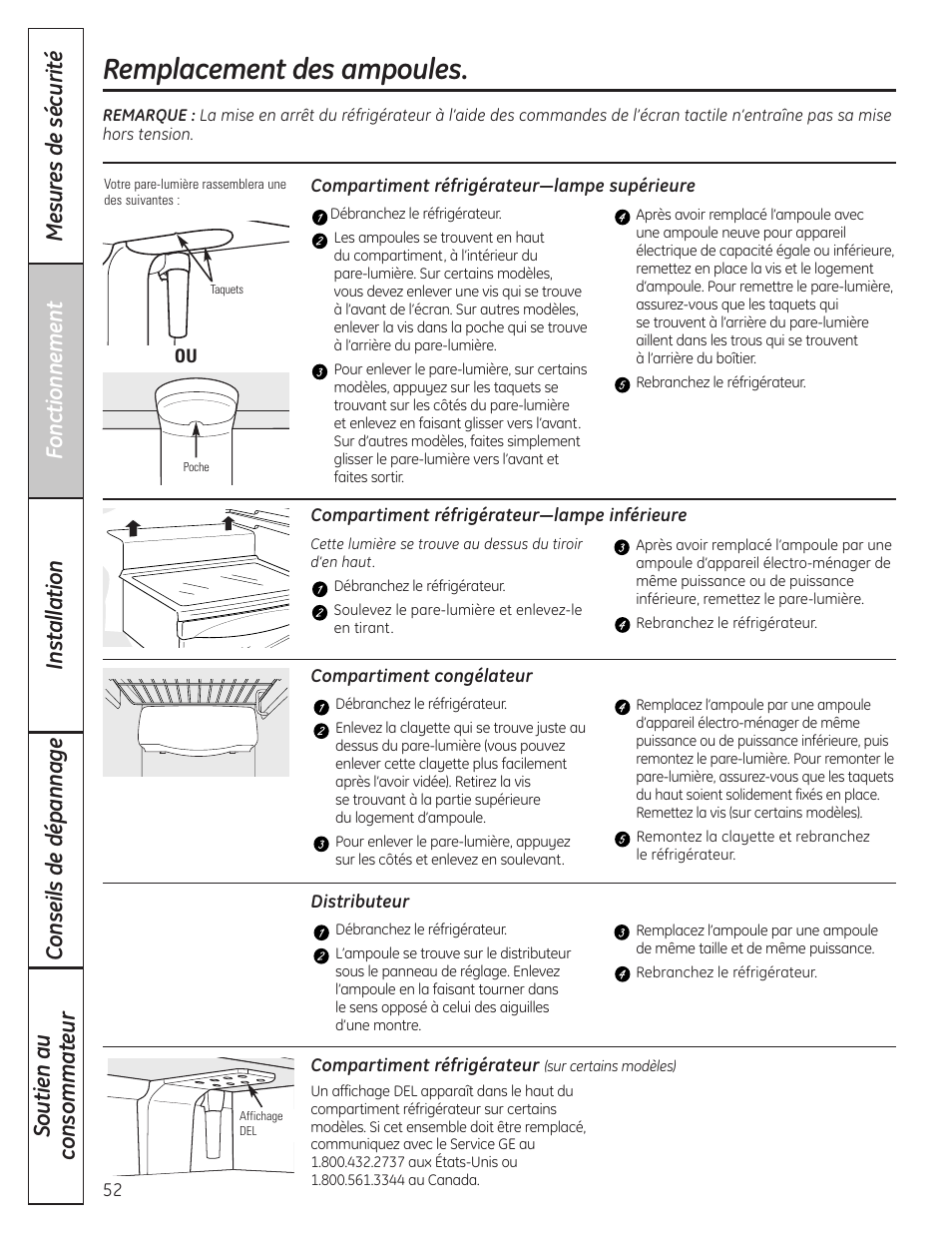 Remplacement des ampoules | GE 200D8074P037 User Manual | Page 52 / 112