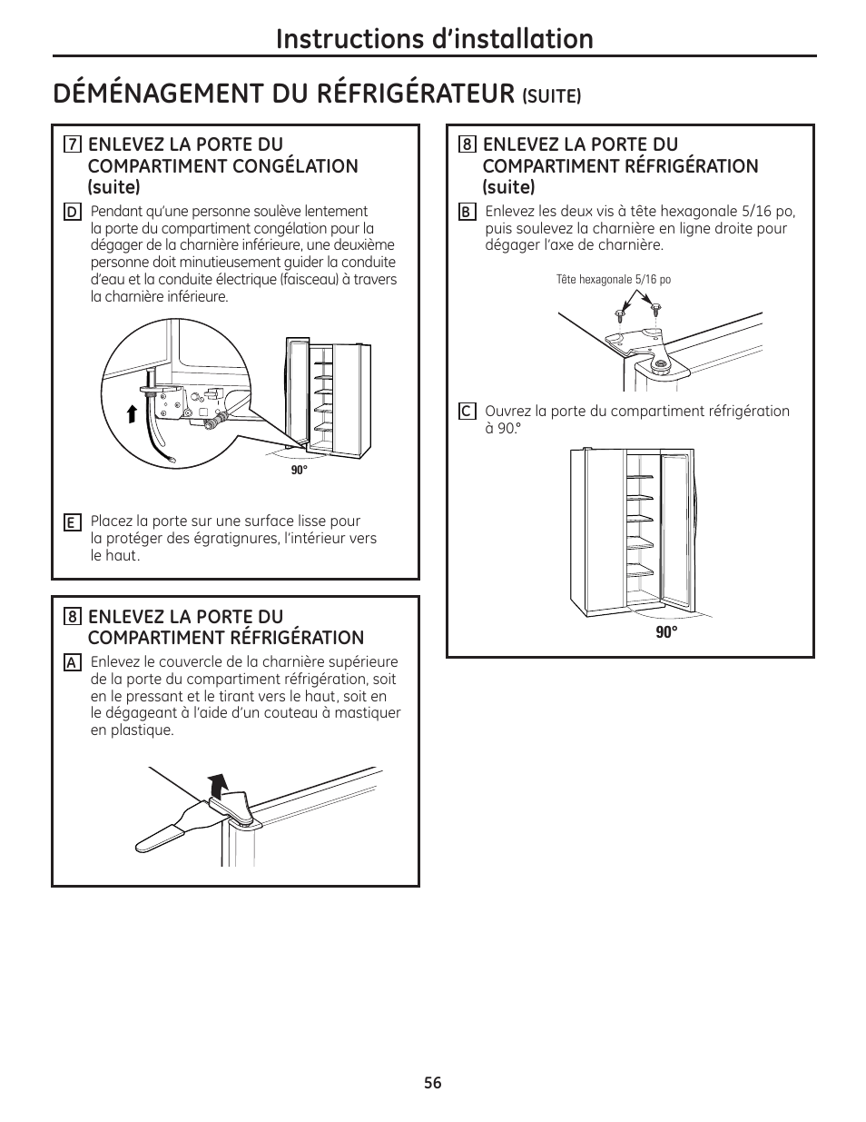 Déménagement du réfrigérateur, Instructions d’installation | GE 200D8074P037 User Manual | Page 56 / 112