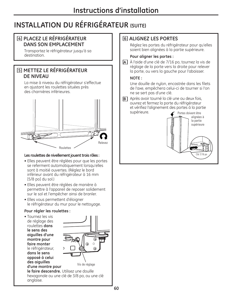 Installation du réfrigérateur, Instructions d’installation | GE 200D8074P037 User Manual | Page 60 / 112
