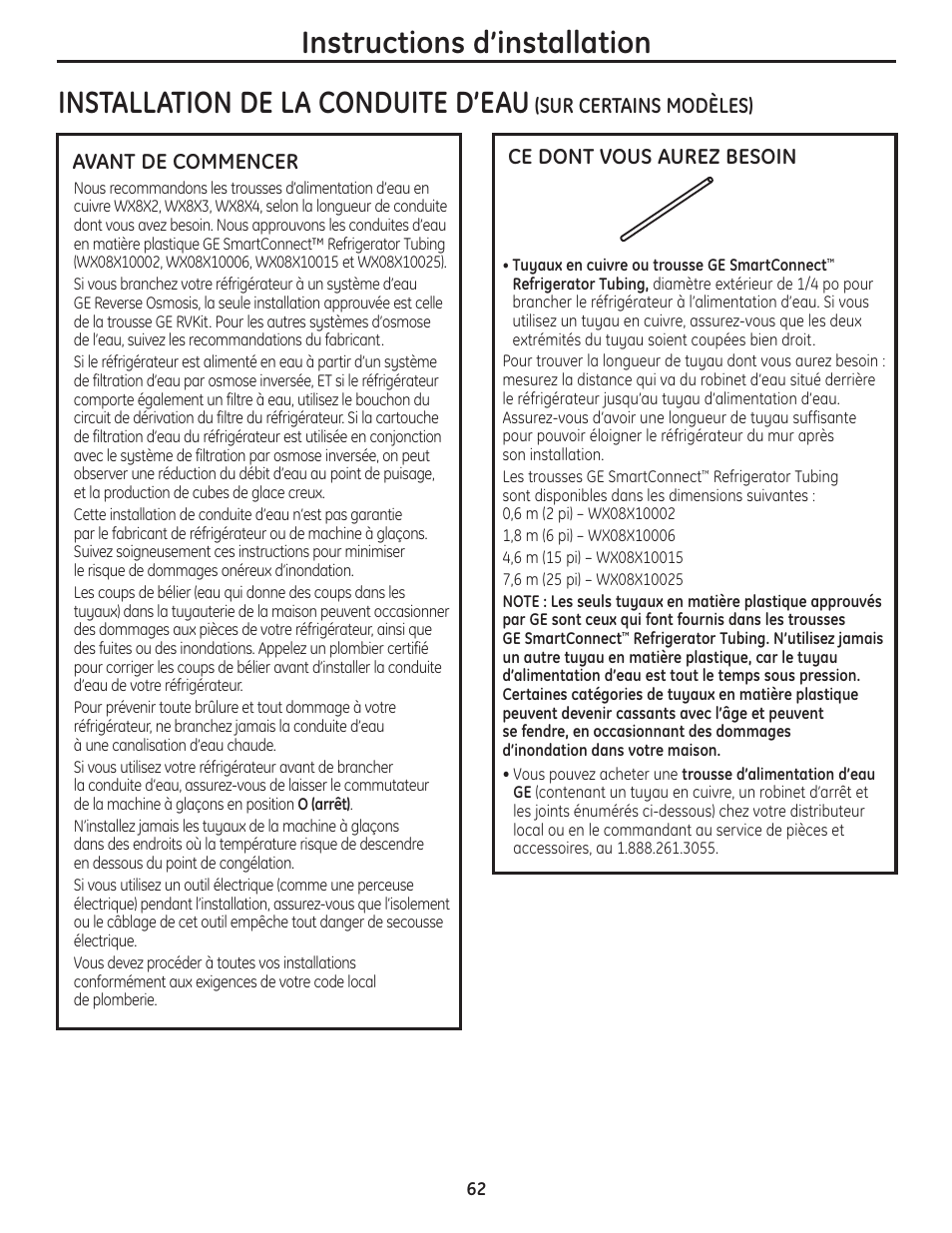 Installation de la conduite d’eau, Installation de la conduite d’eau –64, Instructions d’installation | GE 200D8074P037 User Manual | Page 62 / 112