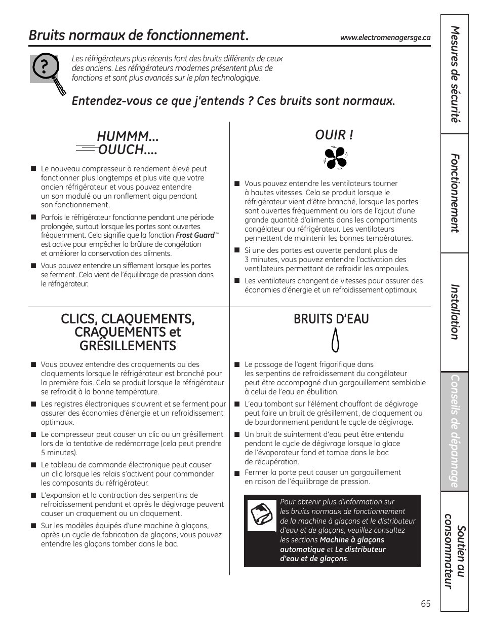 Conseils de dépannage, Bruits de fonctionnement normaux, Bruits normaux de fonctionnement | Hummm... ouuch, Clics, claquements, craquements et grésillements, Bruits d’eau, Ouir | GE 200D8074P037 User Manual | Page 65 / 112