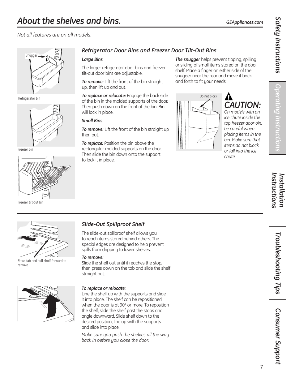 Shelves and bins, Shelves and bins , 8, About the shelves and bins | Caution | GE 200D8074P037 User Manual | Page 7 / 112
