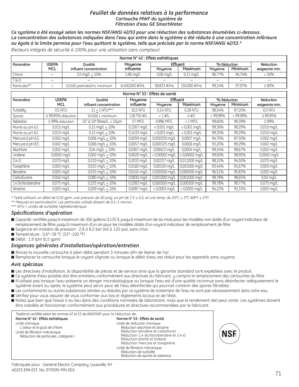 71 feuillet de données relatives à la performance, Spécifications d’opération, Avis spéciaux | GE 200D8074P037 User Manual | Page 71 / 112
