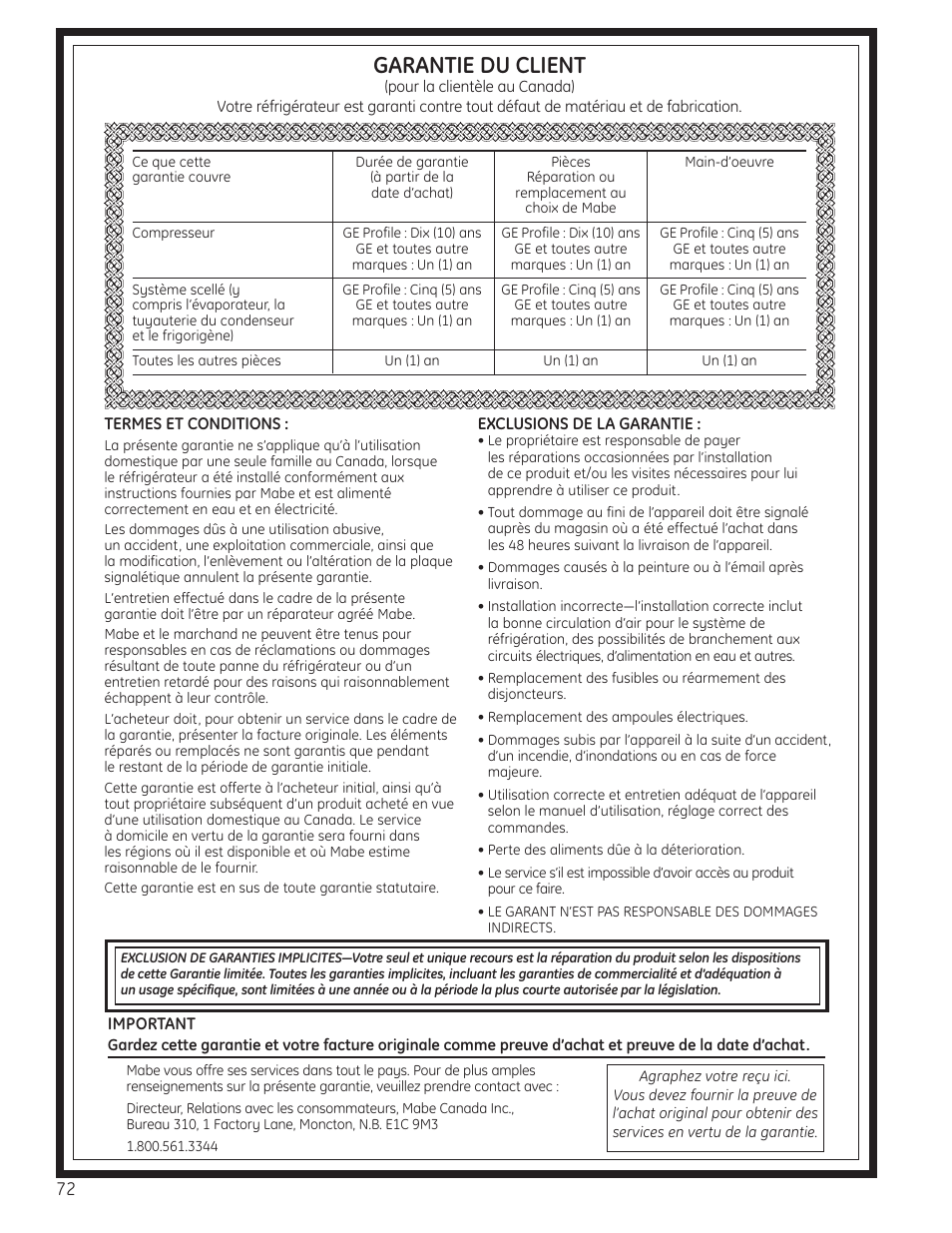 Garantie pour la clientèle au canada, Garantie du client | GE 200D8074P037 User Manual | Page 72 / 112