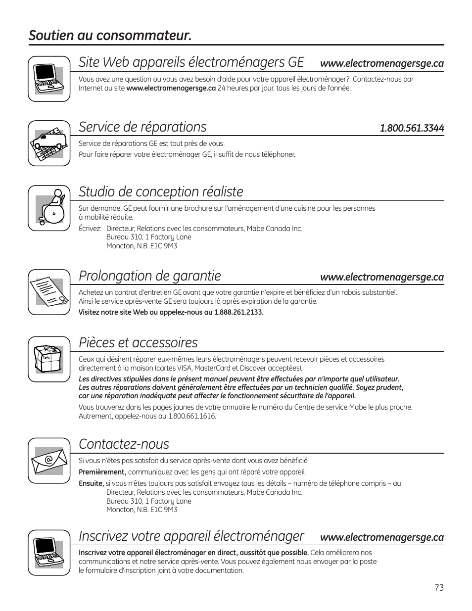 Soutien au consommateur, Service de réparations, Studio de conception réaliste | Prolongation de garantie, Pièces et accessoires, Contactez-nous, Inscrivez votre appareil électroménager | GE 200D8074P037 User Manual | Page 73 / 112