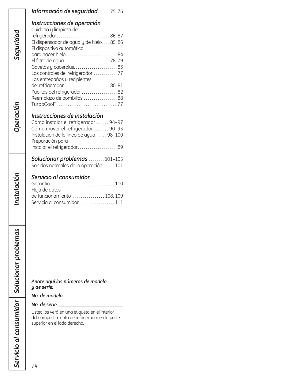Spanish, Instrucciones de operación, Instrucciones de instalación | Servicio al consumidor | GE 200D8074P037 User Manual | Page 74 / 112