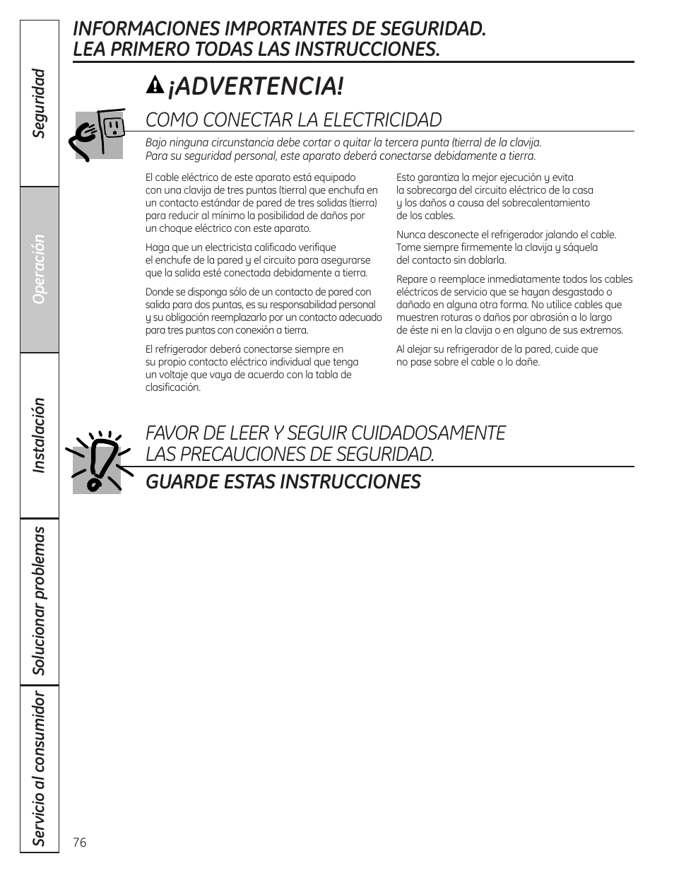 Advertencia, Como conectar la electricidad | GE 200D8074P037 User Manual | Page 76 / 112