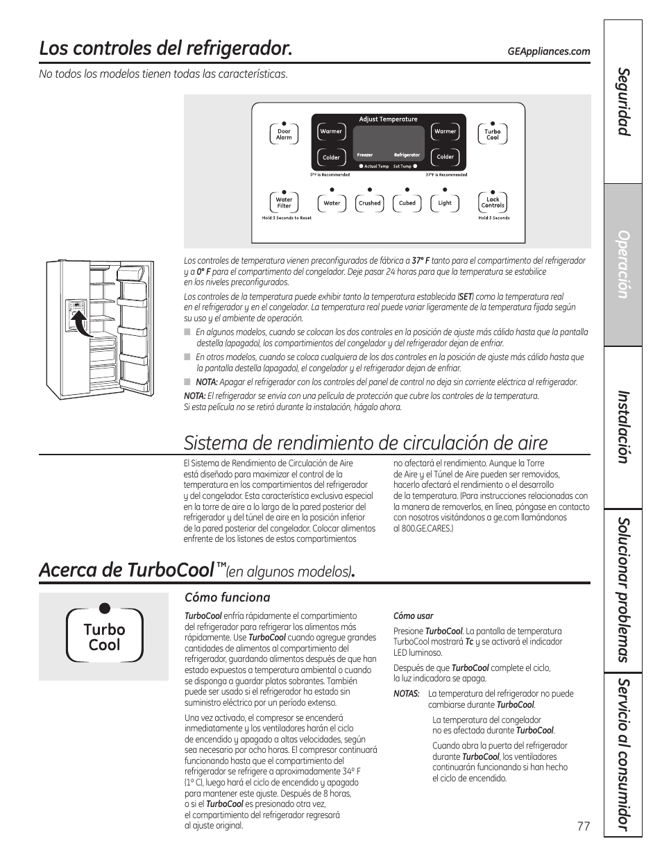 Los controles del refrigerador, Turbocool, Acerca de turbocool | Sistema de rendimiento de circulación de aire | GE 200D8074P037 User Manual | Page 77 / 112