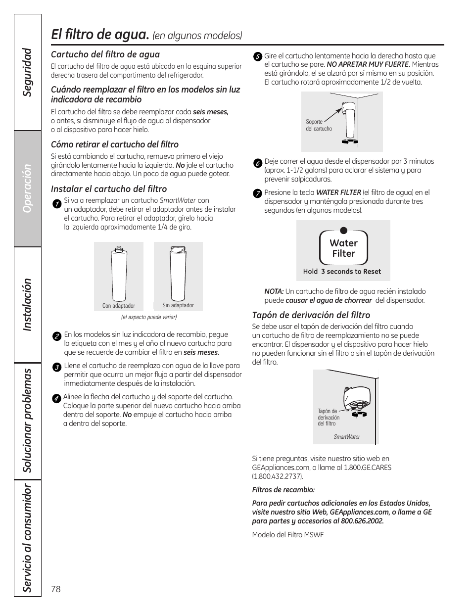 El filtro de agua, El filtro de agua , 79, En algunos modelos) | GE 200D8074P037 User Manual | Page 78 / 112