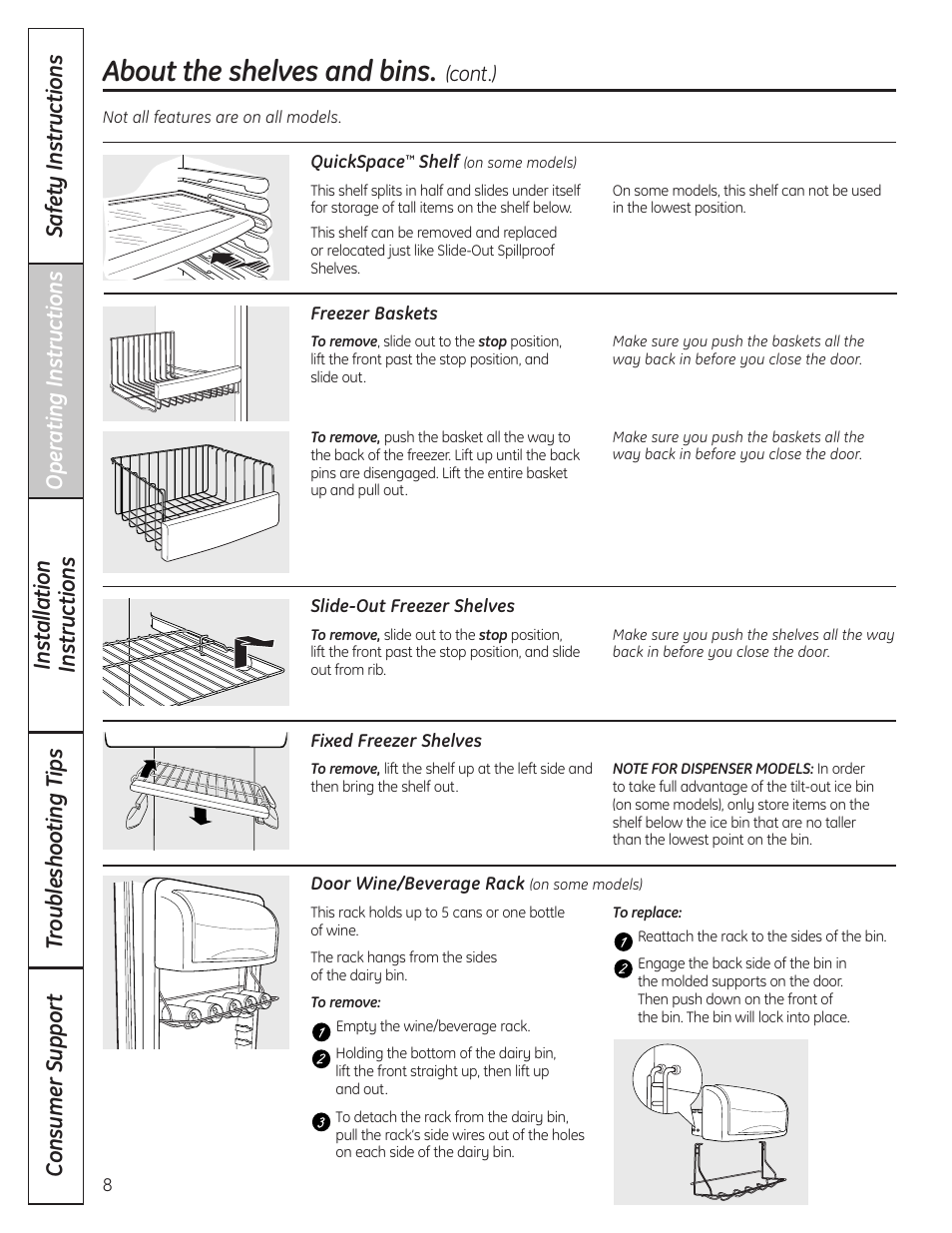 About the shelves and bins | GE 200D8074P037 User Manual | Page 8 / 112