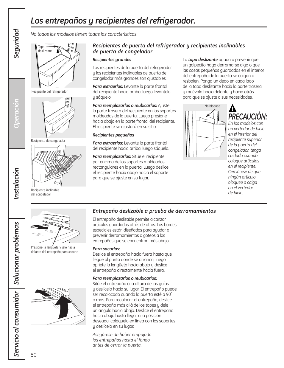 Los entrepaños y recipientes del refrigerador, Los entrepaños y recipientes del refrigerador , 81, Precaución | GE 200D8074P037 User Manual | Page 80 / 112