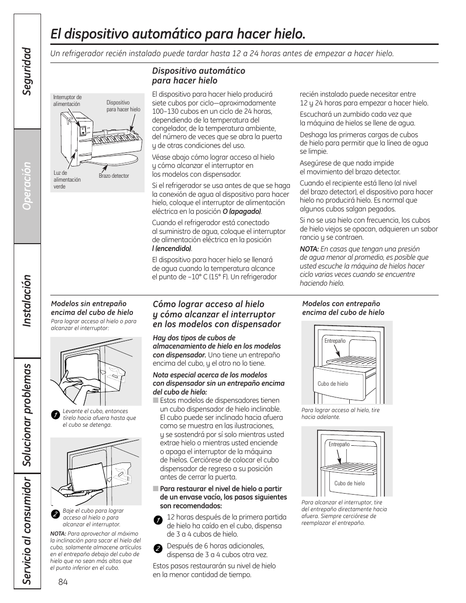 El dispositivo automáticopara hacer hielo, El dispositivo automático para hacer hielo | GE 200D8074P037 User Manual | Page 84 / 112