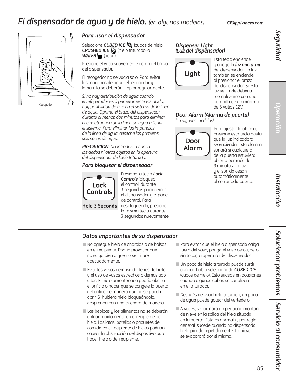 El dispensador de agua y de hielo, El dispensador de agua y de hielo , 86, En algunos modelos) | GE 200D8074P037 User Manual | Page 85 / 112