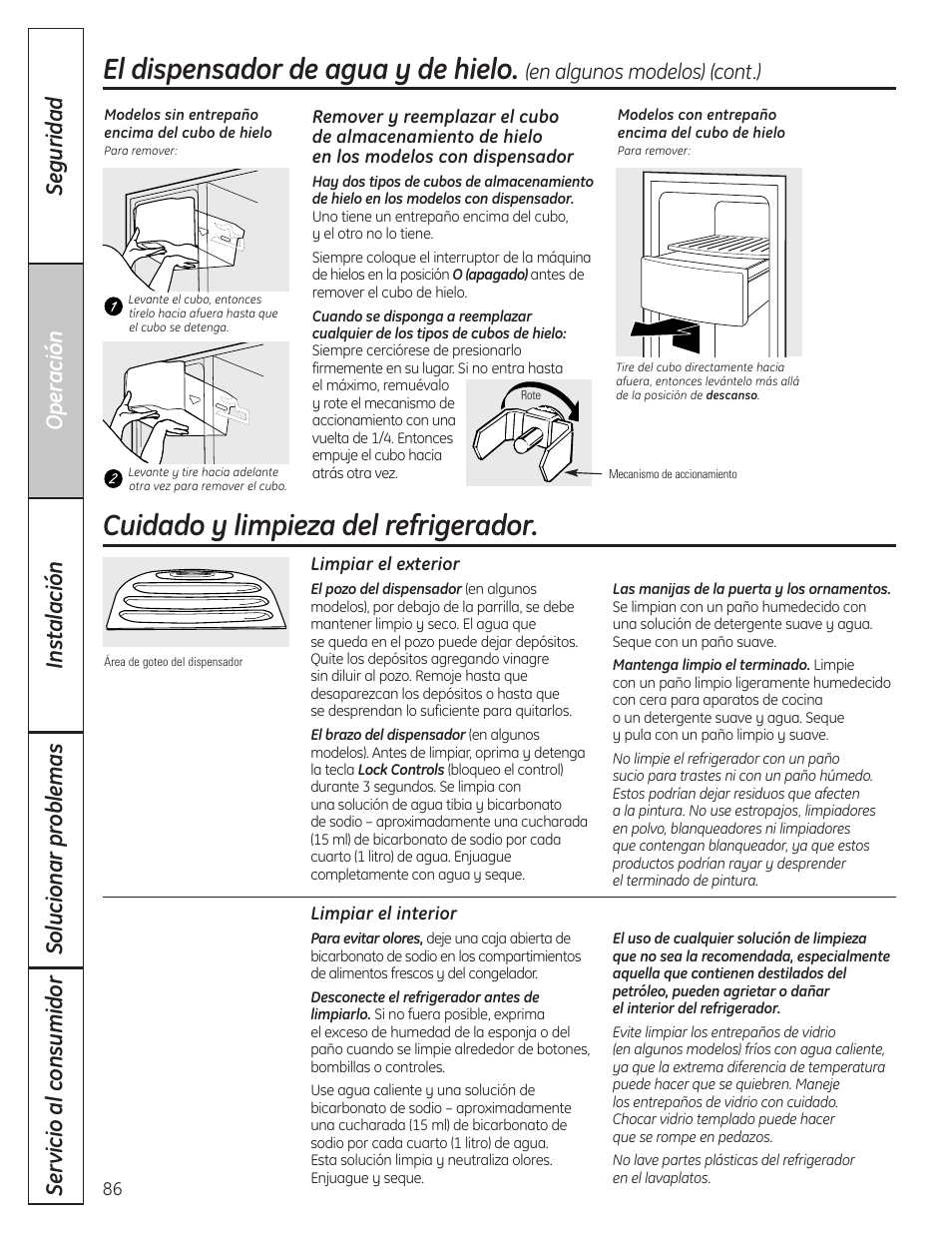 Cuidado y limpieza del refrigerador, Cuidado y limpieza del refrigerador , 87, El dispensador de agua y de hielo | En algunos modelos) (cont.) | GE 200D8074P037 User Manual | Page 86 / 112