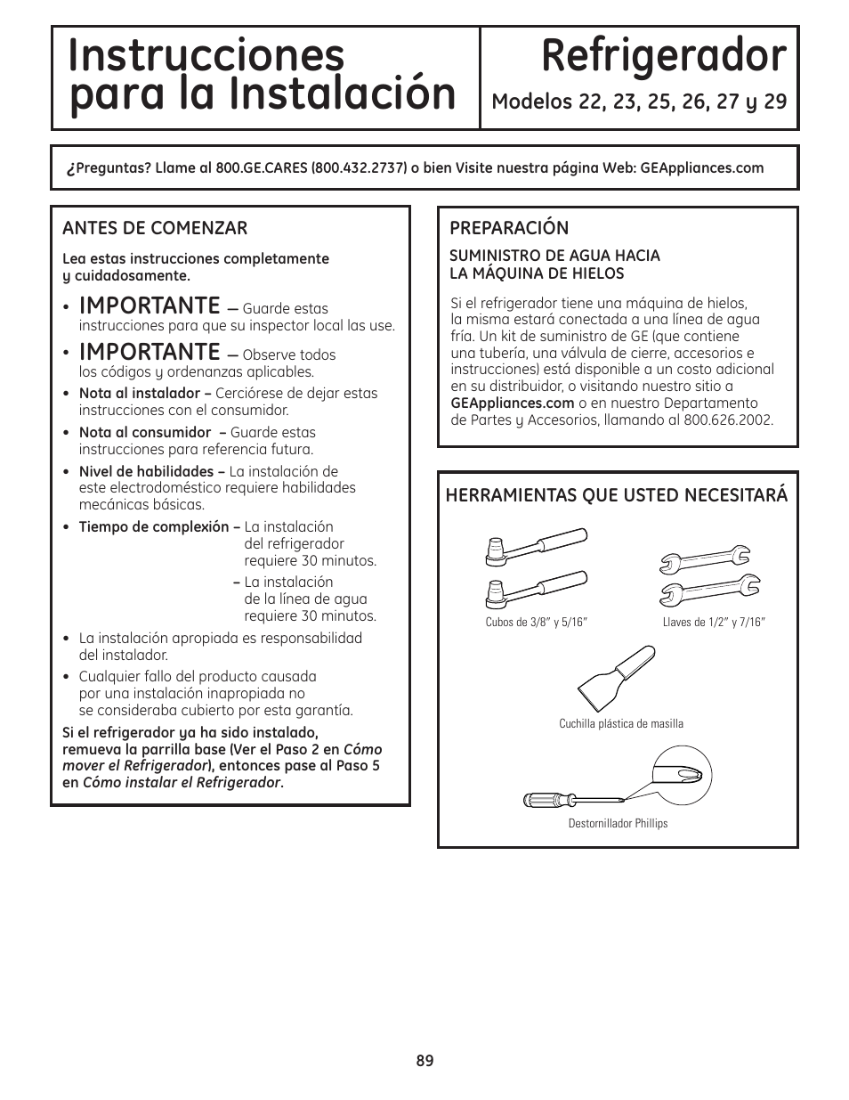 Preparación para instalar el refrigerador, Instrucciones refrigerador para la instalación, Importante | GE 200D8074P037 User Manual | Page 89 / 112