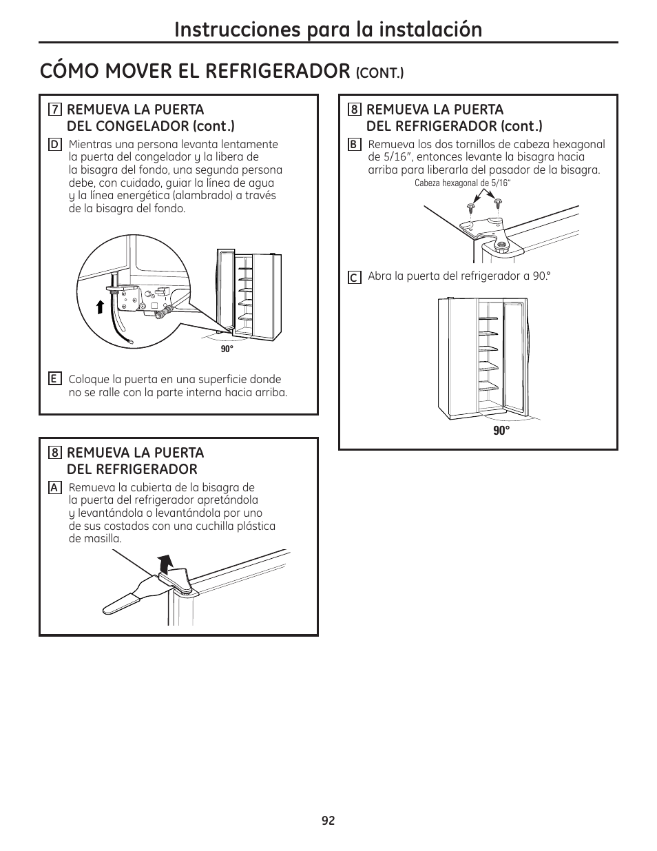 Instrucciones para la instalación, Cómo mover el refrigerador | GE 200D8074P037 User Manual | Page 92 / 112