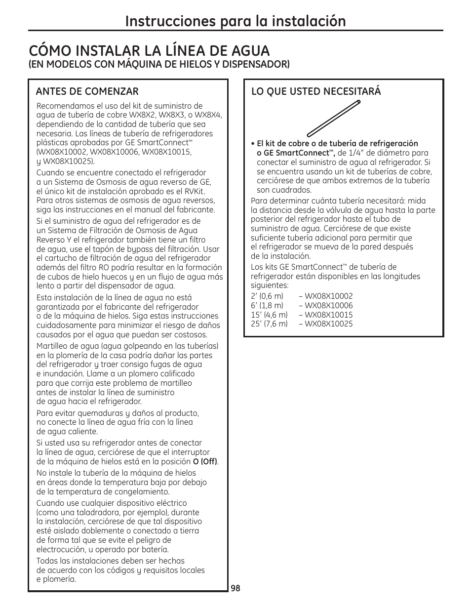Instalación de la tubería de agua, Instalación de la linea de agua –100, Cómo instalar la línea de agua | Instrucciones para la instalación | GE 200D8074P037 User Manual | Page 98 / 112