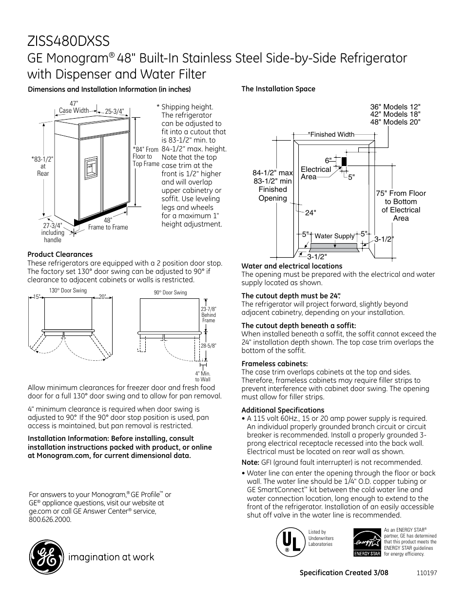 GE ZISS480DXSS User Manual | 2 pages