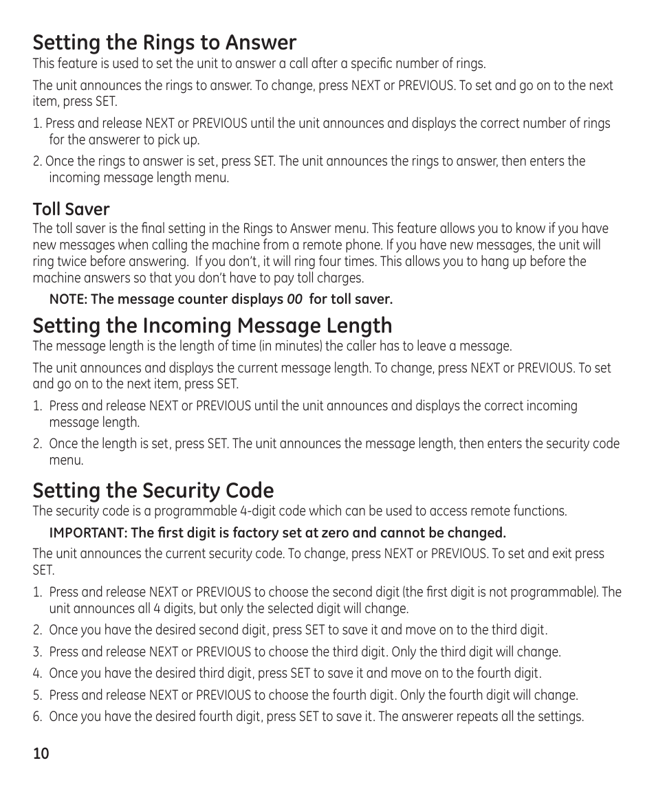 Setting the rings to answer, Setting the incoming message length, Setting the security code | Toll saver | GE 16174120 User Manual | Page 10 / 48