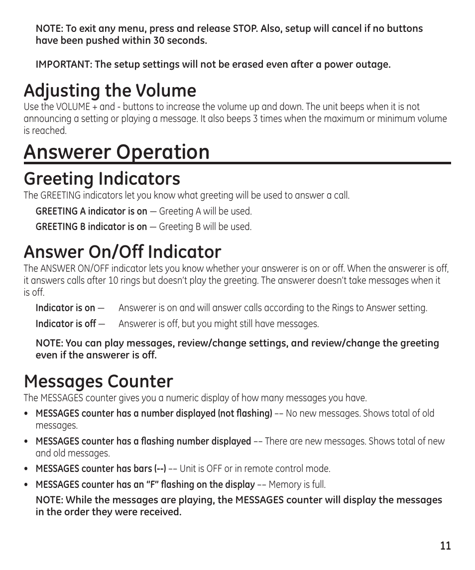 Answerer operation, Adjusting the volume, Greeting indicators | Answer on/off indicator, Messages counter | GE 16174120 User Manual | Page 11 / 48