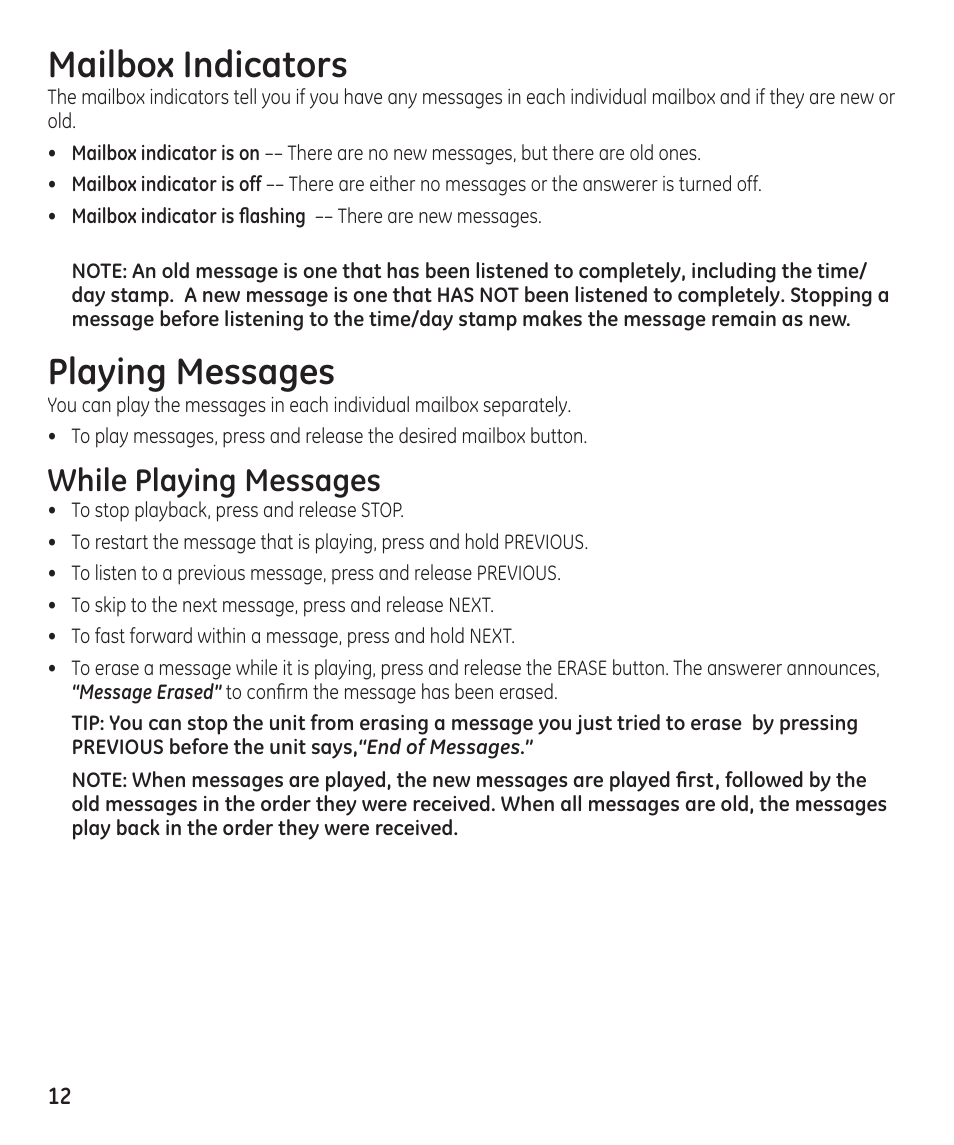 Mailbox indicators, Playing messages, While playing messages | GE 16174120 User Manual | Page 12 / 48