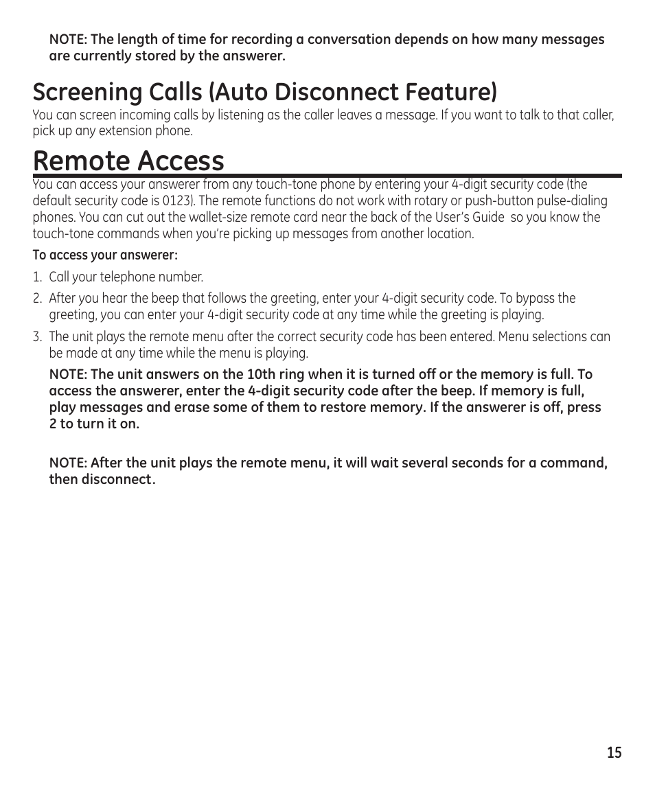 Remote access, Screening calls (auto disconnect feature) | GE 16174120 User Manual | Page 15 / 48