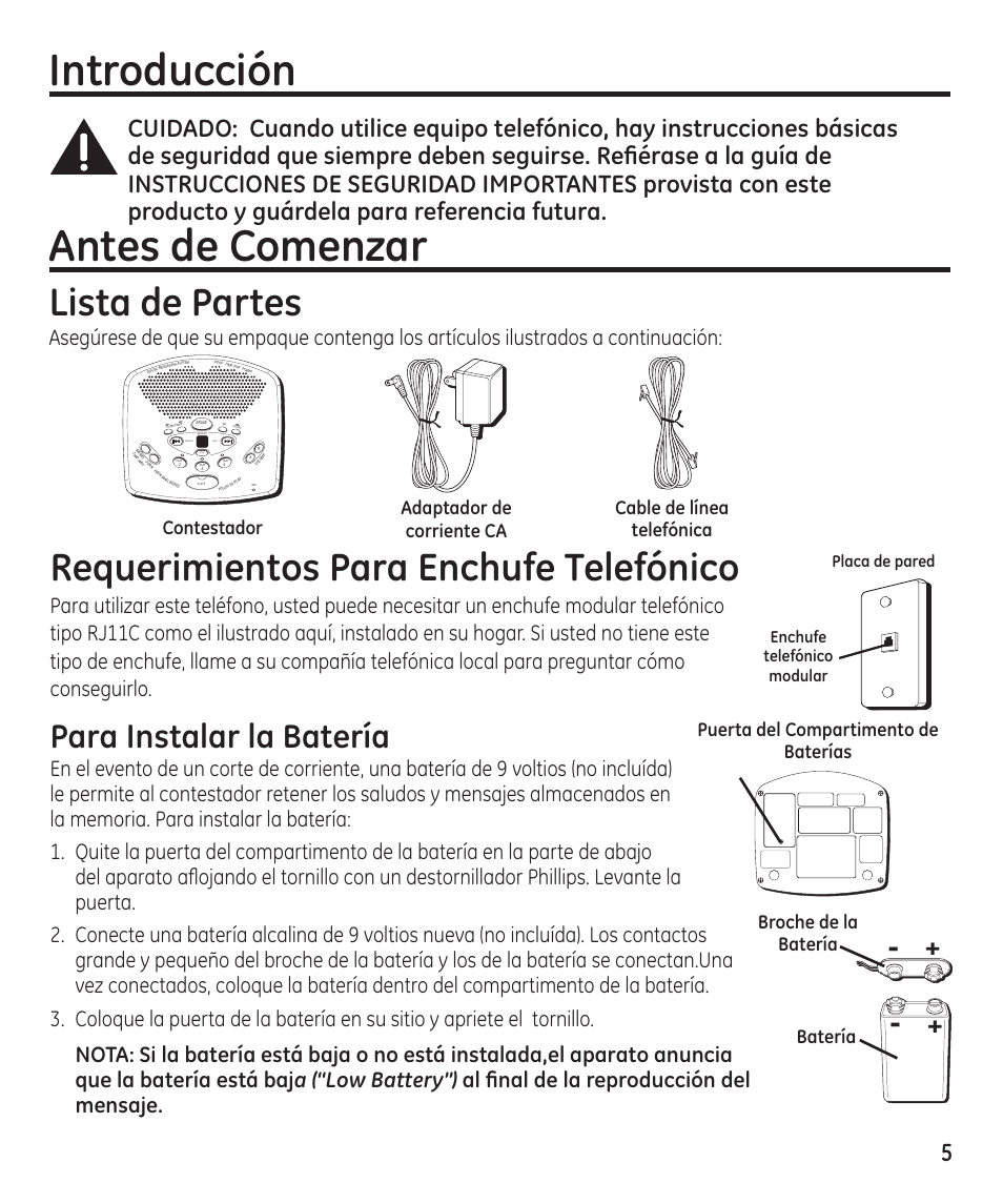 Introducción, Antes de comenzar, Lista de partes | Requerimientos para enchufe telefónico, Para instalar la batería, Contestador, Broche de la batería batería | GE 16174120 User Manual | Page 29 / 48