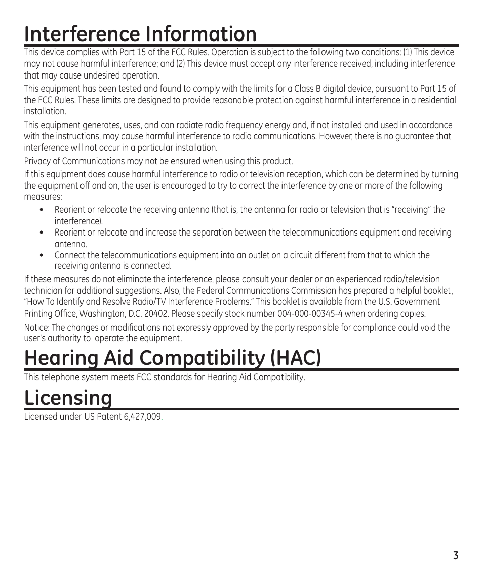 Interference information, Hearing aid compatibility (hac), Licensing | GE 16174120 User Manual | Page 3 / 48