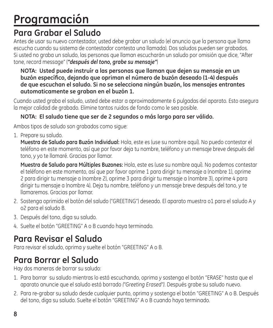 Programación, Para grabar el saludo, Para revisar el saludo | Para borrar el saludo | GE 16174120 User Manual | Page 32 / 48