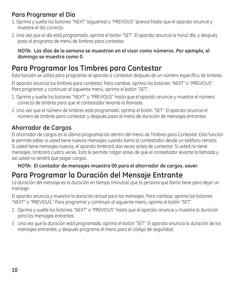 Para programar los timbres para contestar, Para programar la duración del mensaje entrante, Para programar el día | Ahorrador de cargos | GE 16174120 User Manual | Page 34 / 48