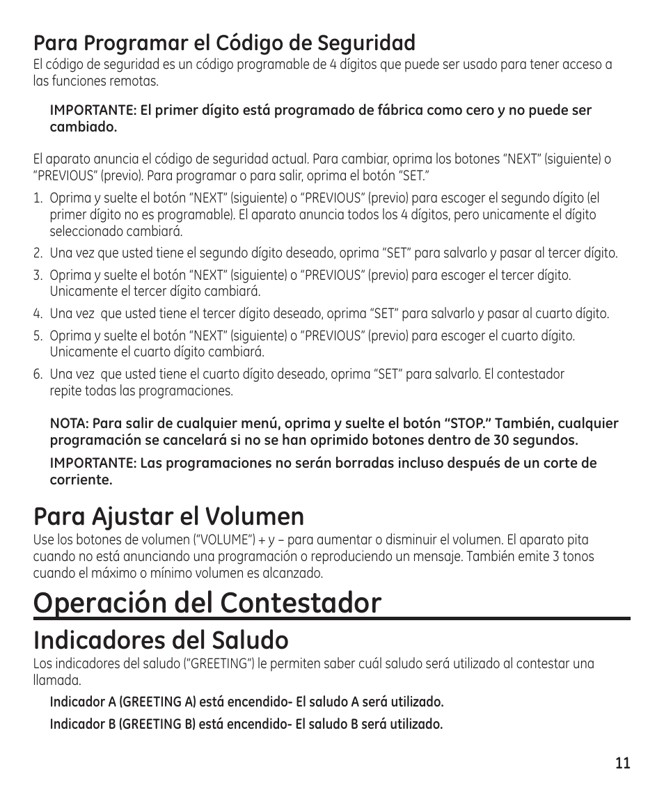 Operación del contestador, Para ajustar el volumen, Indicadores del saludo | Para programar el código de seguridad | GE 16174120 User Manual | Page 35 / 48