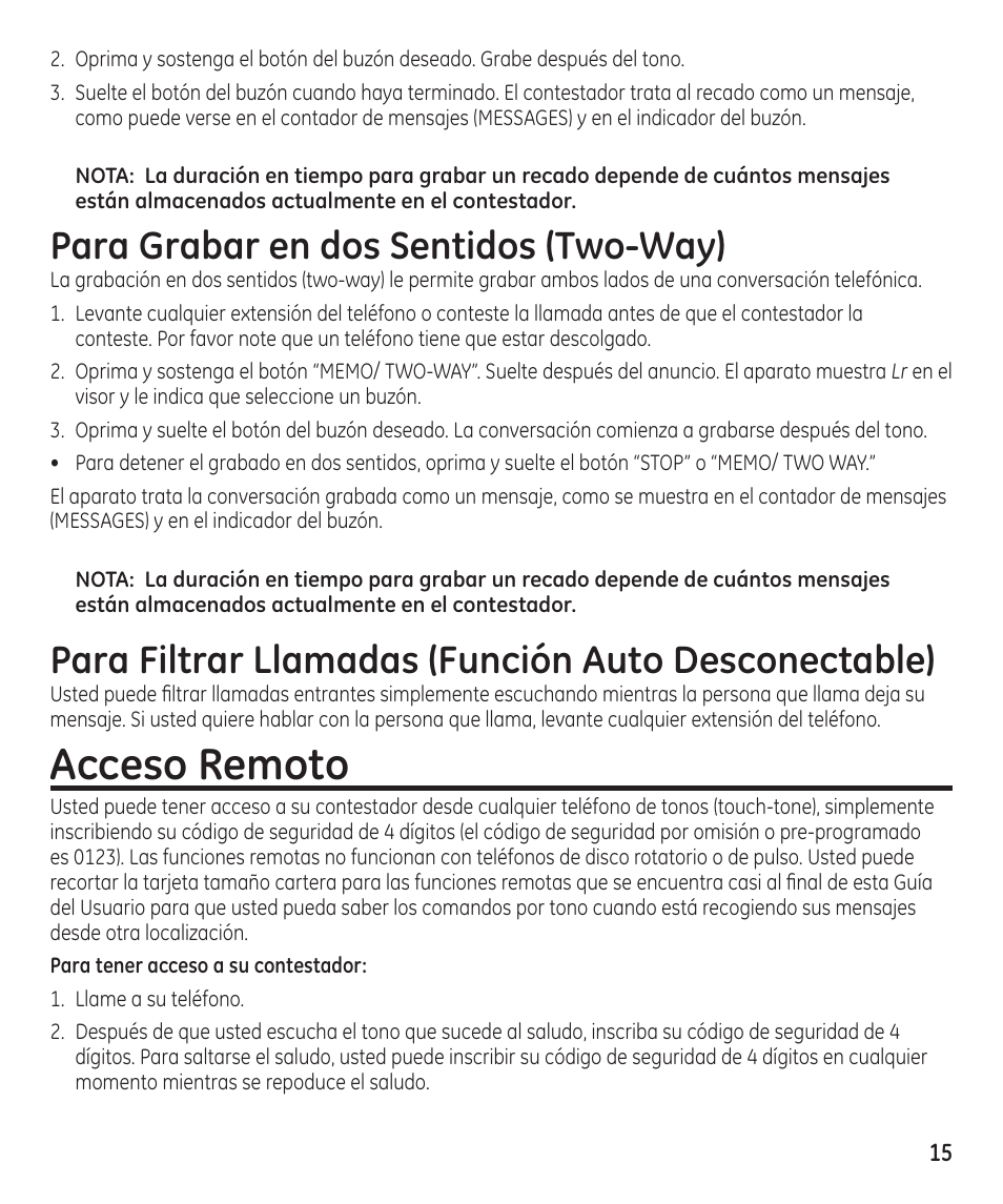 Acceso remoto, Para grabar en dos sentidos (two-way), Para filtrar llamadas (función auto desconectable) | GE 16174120 User Manual | Page 39 / 48