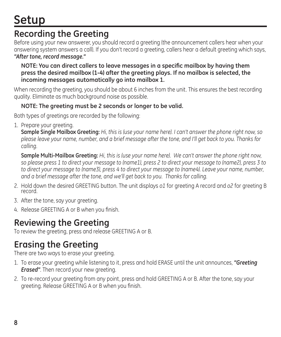 Setup, Recording the greeting, Reviewing the greeting | Erasing the greeting | GE 16174120 User Manual | Page 8 / 48