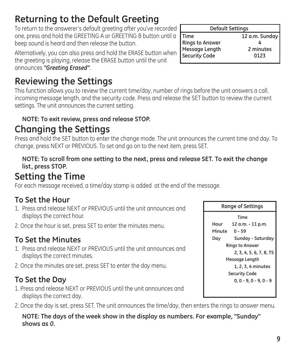 Returning to the default greeting, Reviewing the settings, Changing the settings | Setting the time | GE 16174120 User Manual | Page 9 / 48