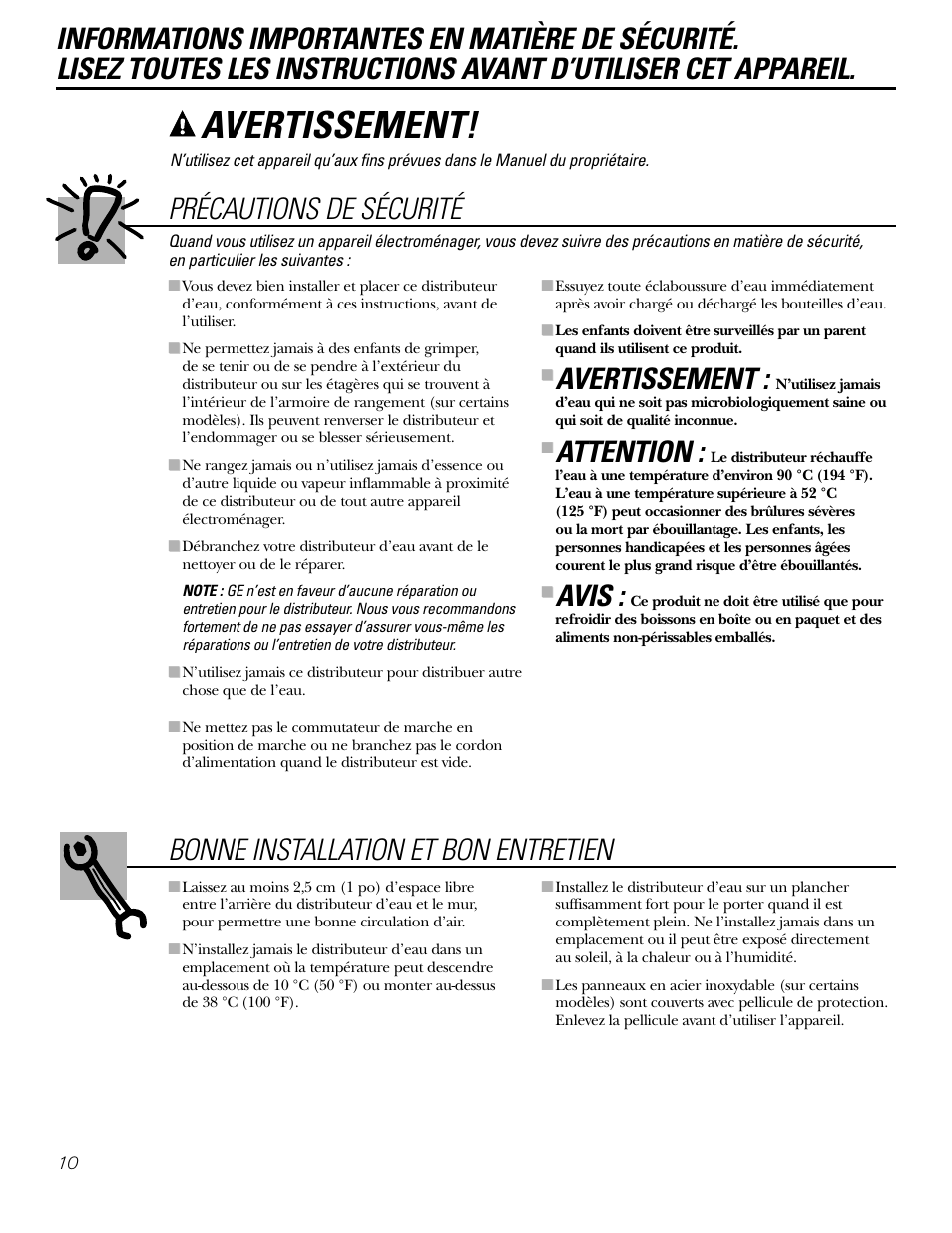 Informations en matièrede sécurité, Informations en matière de sécurité, Avertissement | Précautions de sécurité, Attention, Avis | GE GXCF25FBS User Manual | Page 10 / 28