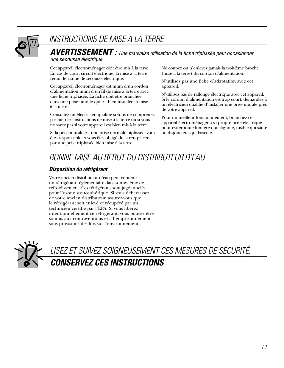 Instructions de mise à la terre, Avertissement, Bonne mise au rebut du distributeur d’eau | GE GXCF25FBS User Manual | Page 11 / 28