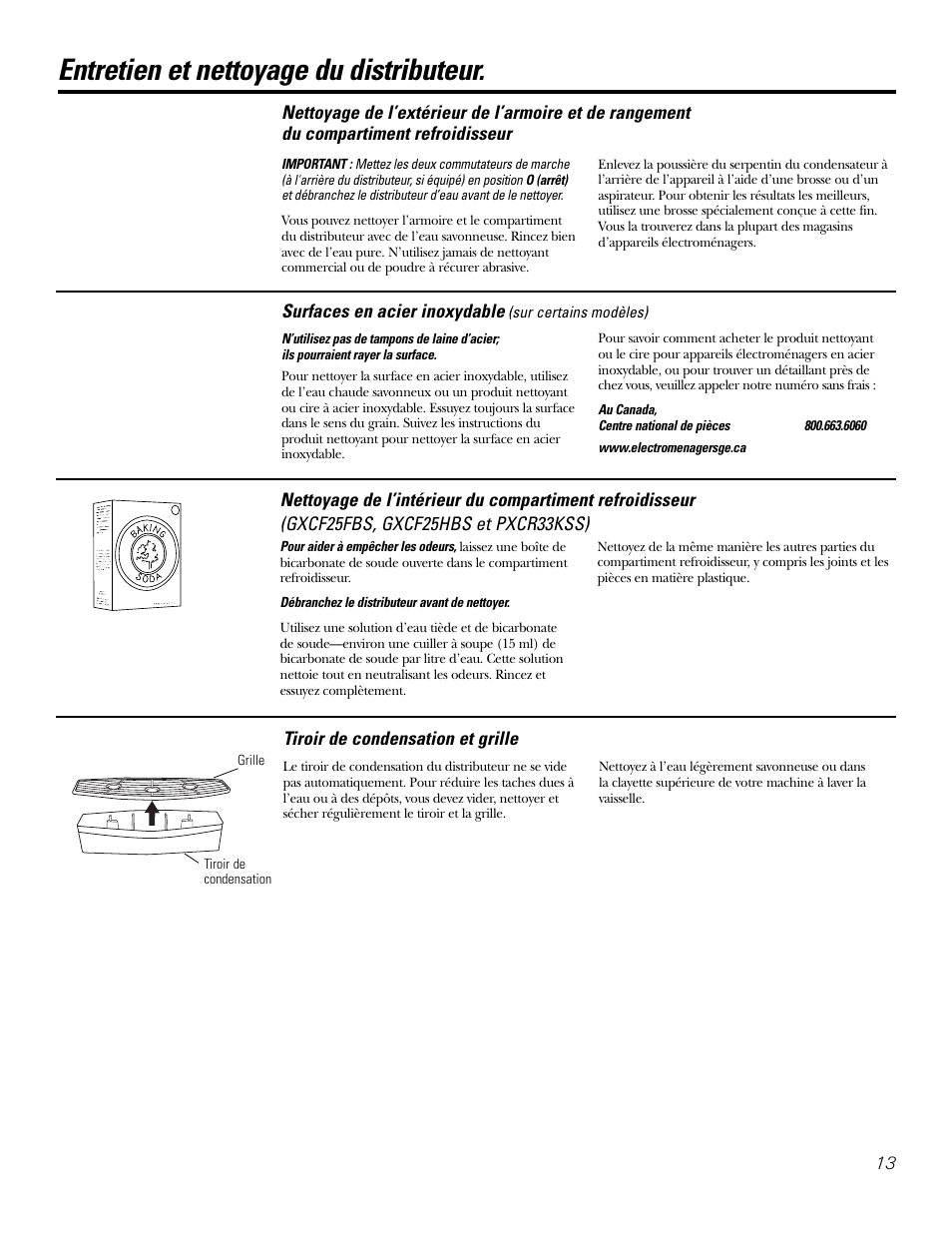 Entretien et nettoyage, Entretien et nettoyage du distributeur | GE GXCF25FBS User Manual | Page 13 / 28