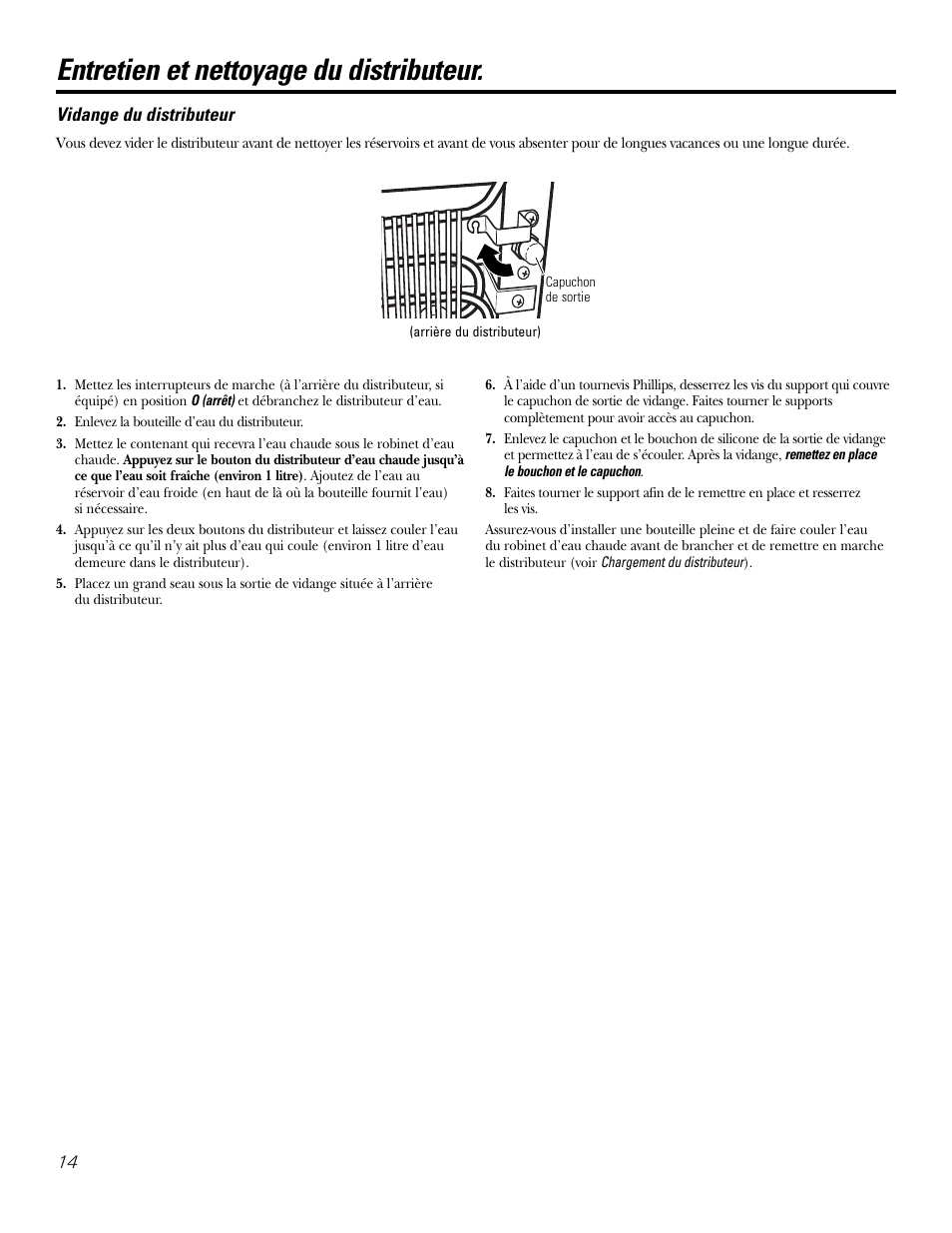 Entretien et nettoyage du distributeur, Vidange du distributeur | GE GXCF25FBS User Manual | Page 14 / 28