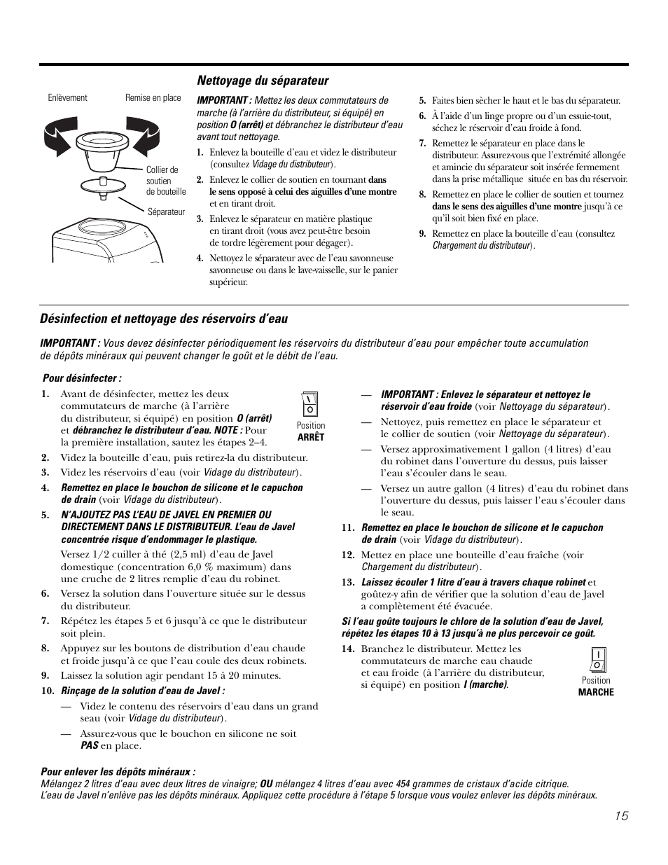 Désinfection et nettoyage des réservoirs d’eau, Nettoyage du séparateur | GE GXCF25FBS User Manual | Page 15 / 28