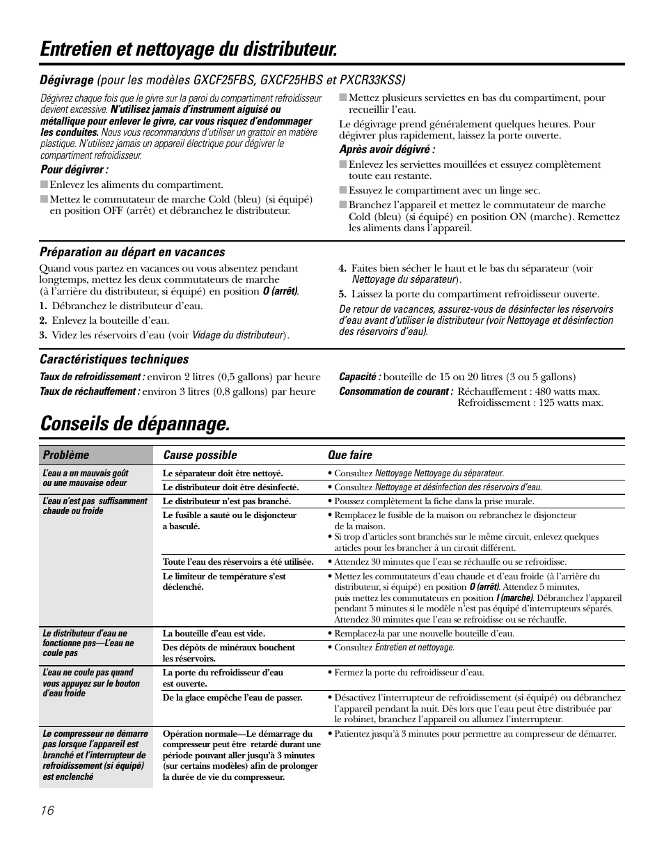 Caractéristiques techniques, Préparation au départ en vacances | GE GXCF25FBS User Manual | Page 16 / 28