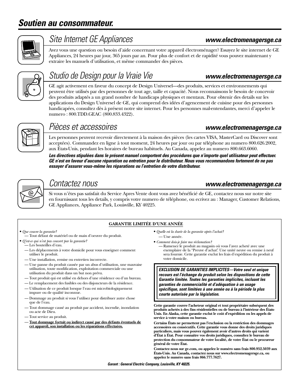 Garantie, Soutien au consommateur, Garantie soutien au consommateur | Studio de design pour la vraie vie, Pièces et accessoires, Contactez nous | GE GXCF25FBS User Manual | Page 18 / 28