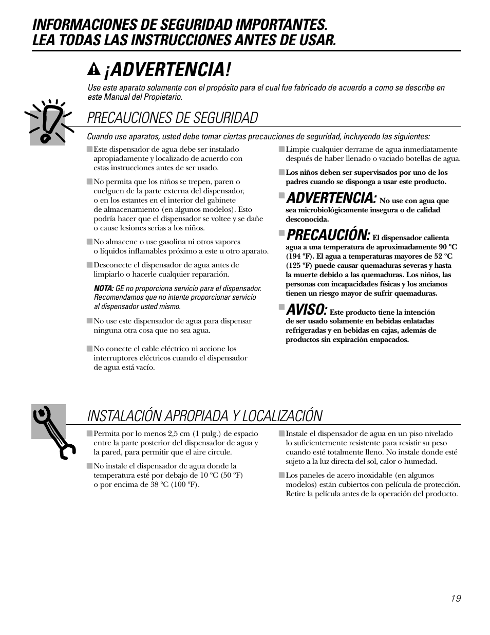 Información de seguridad, Advertencia, Precauciones de seguridad | Precaución, Aviso | GE GXCF25FBS User Manual | Page 19 / 28