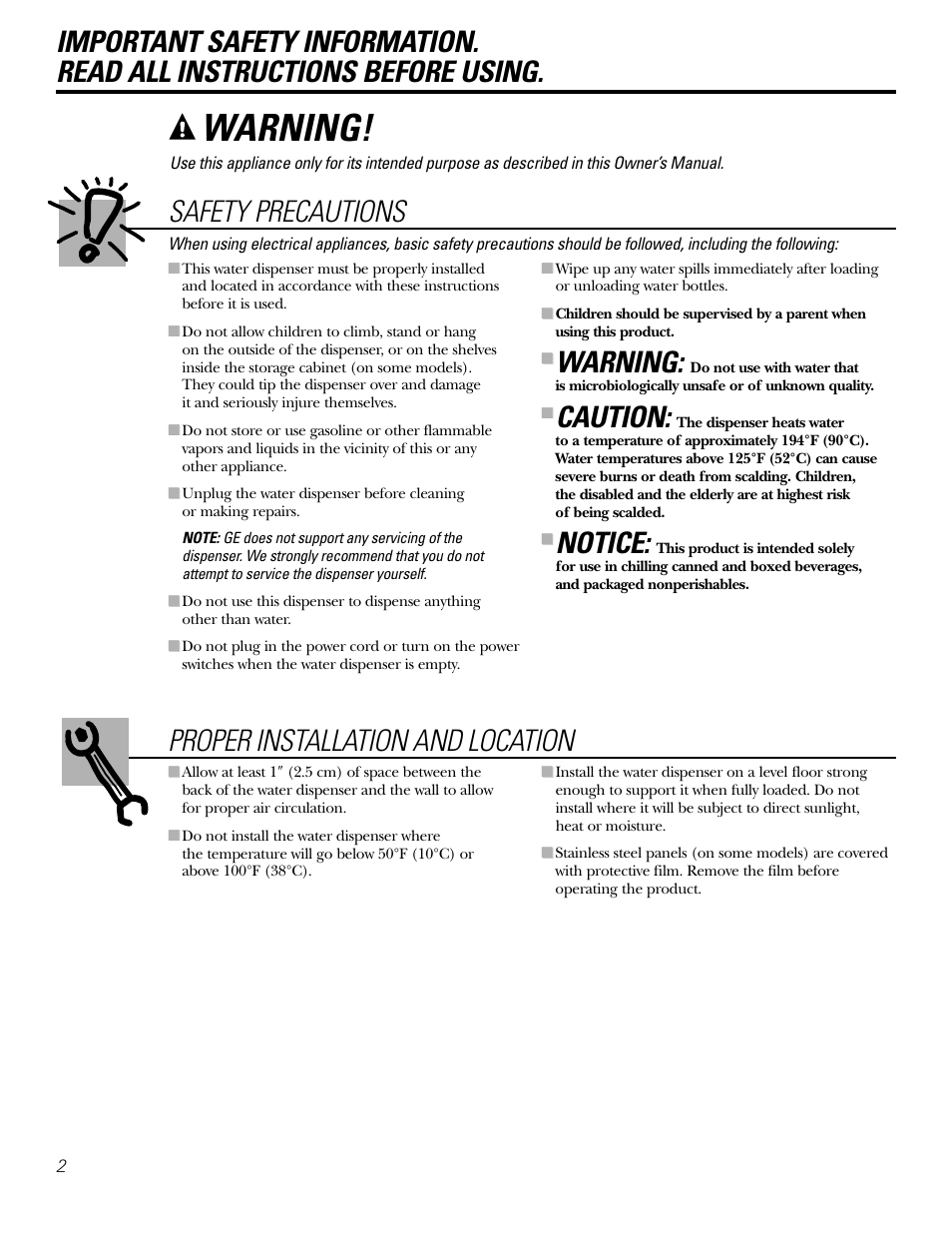 Safety instructions, Warning, Safety precautions | Caution, Notice | GE GXCF25FBS User Manual | Page 2 / 28