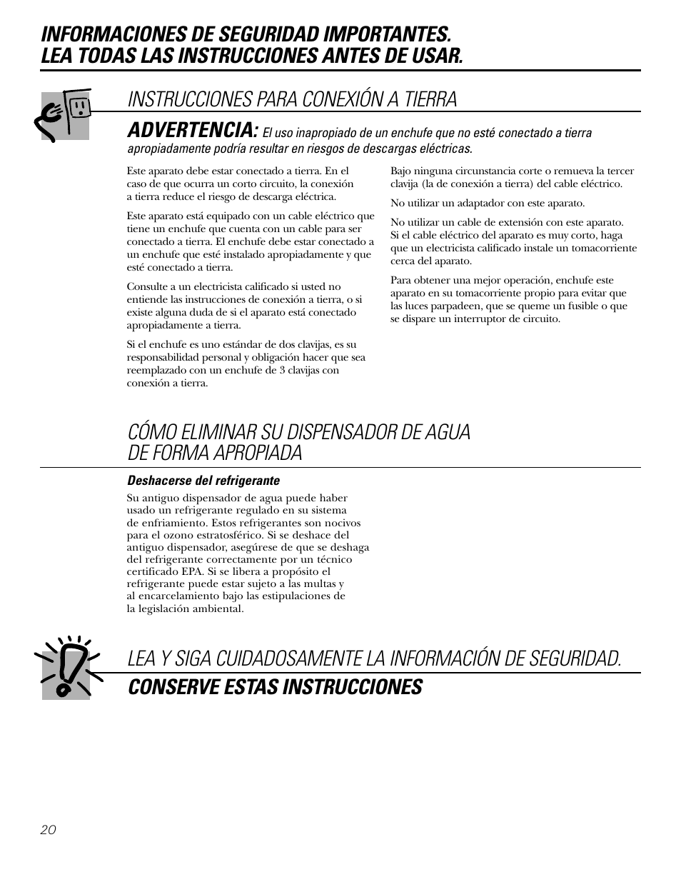 Instrucciones para conexión a tierra, Advertencia | GE GXCF25FBS User Manual | Page 20 / 28