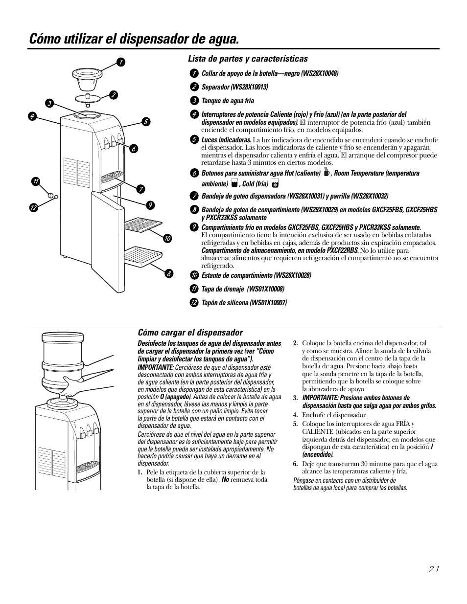 Cómo cargar el dispensador, Lista de partes y características, Cómo utilizar el dispensador de agua | GE GXCF25FBS User Manual | Page 21 / 28