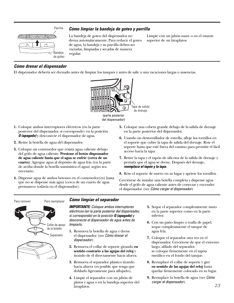 Cómo limpiar el separador, Cómo drenar el dispensador, Cómo limpiar la bandeja de goteo y parrilla | GE GXCF25FBS User Manual | Page 23 / 28