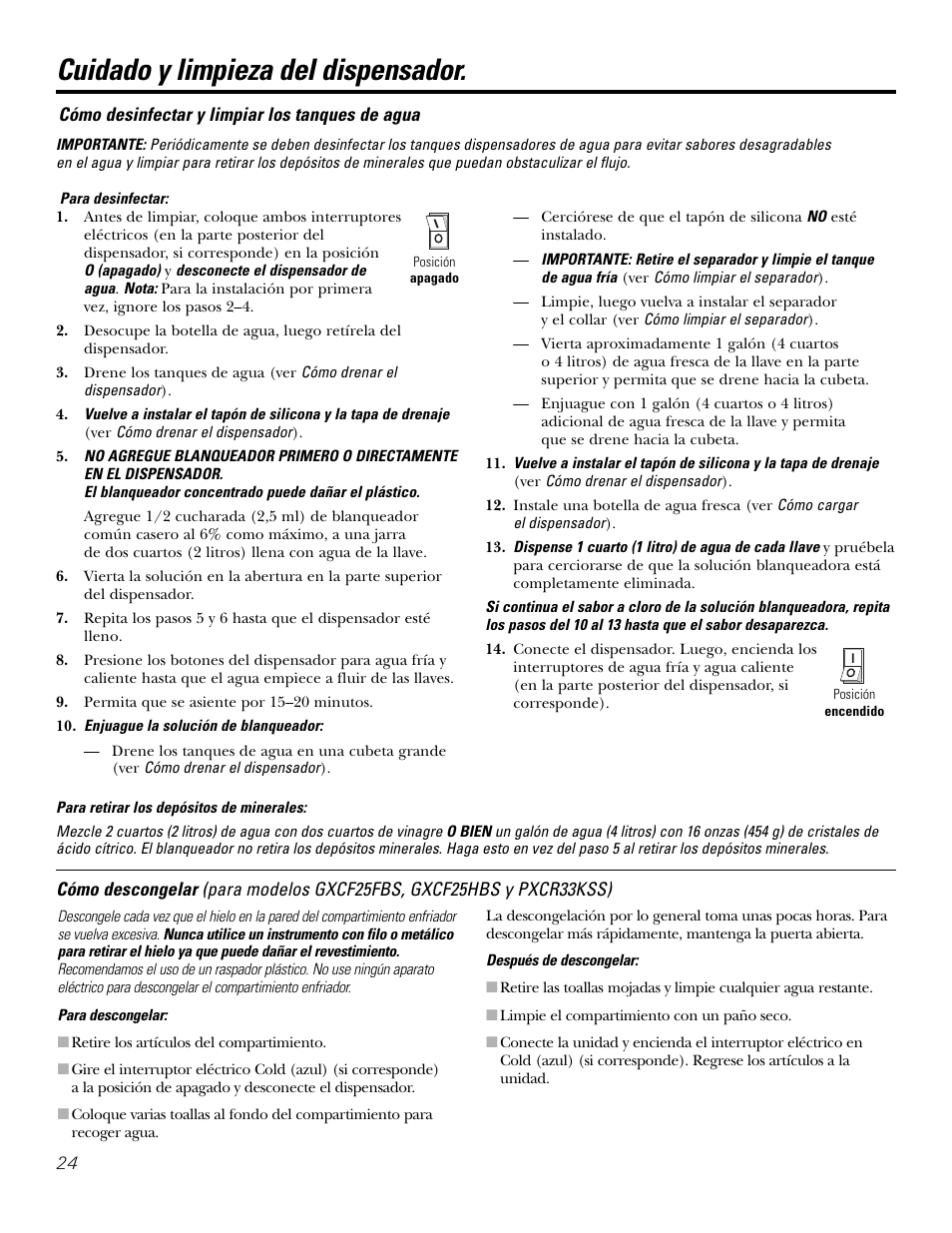 Cuidado y limpieza del dispensador, Cómo desinfectar y limpiar los tanques de agua | GE GXCF25FBS User Manual | Page 24 / 28