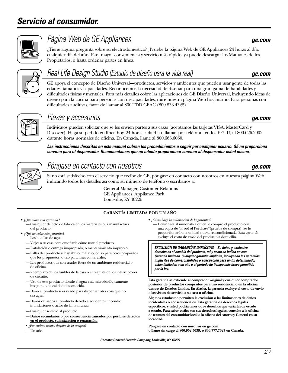 Garantía, Apoyo al consumidor, Garantía apoyo al consumidor | Página web de ge appliances, Real life design studio, Piezas y accesorios, Póngase en contacto con nosotros, Servicio al consumidor, Estudio de diseño para la vida real) | GE GXCF25FBS User Manual | Page 27 / 28