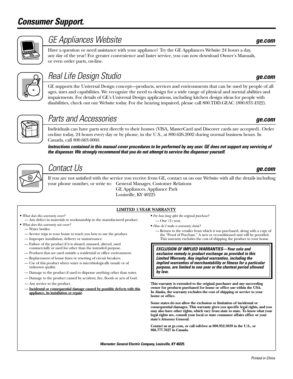 Consumer support, Warranty, Ge appliances website | Real life design studio, Parts and accessories, Contact us | GE GXCF25FBS User Manual | Page 28 / 28