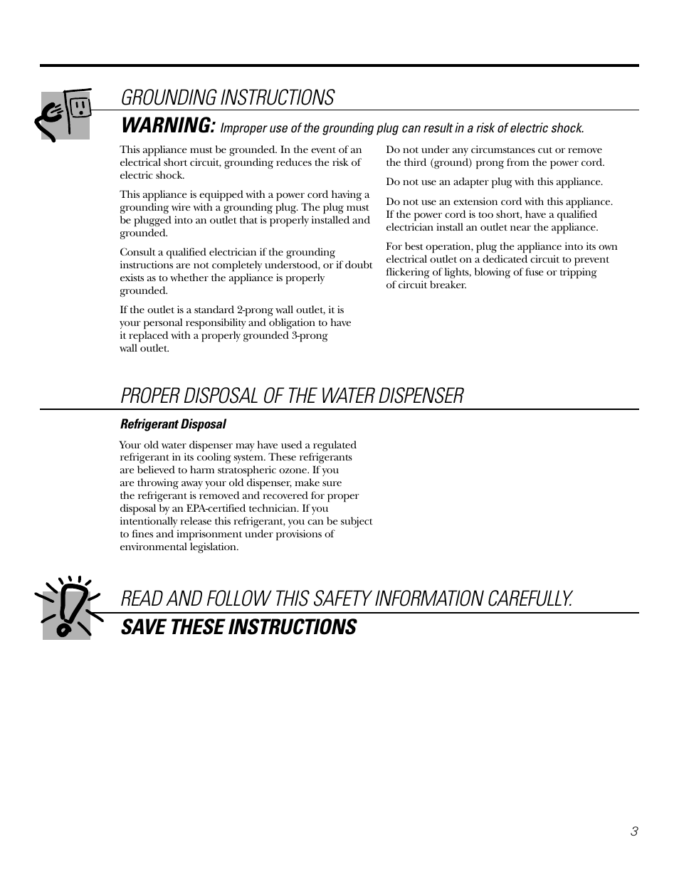 Grounding instructions, Warning, Proper disposal of the water dispenser | GE GXCF25FBS User Manual | Page 3 / 28